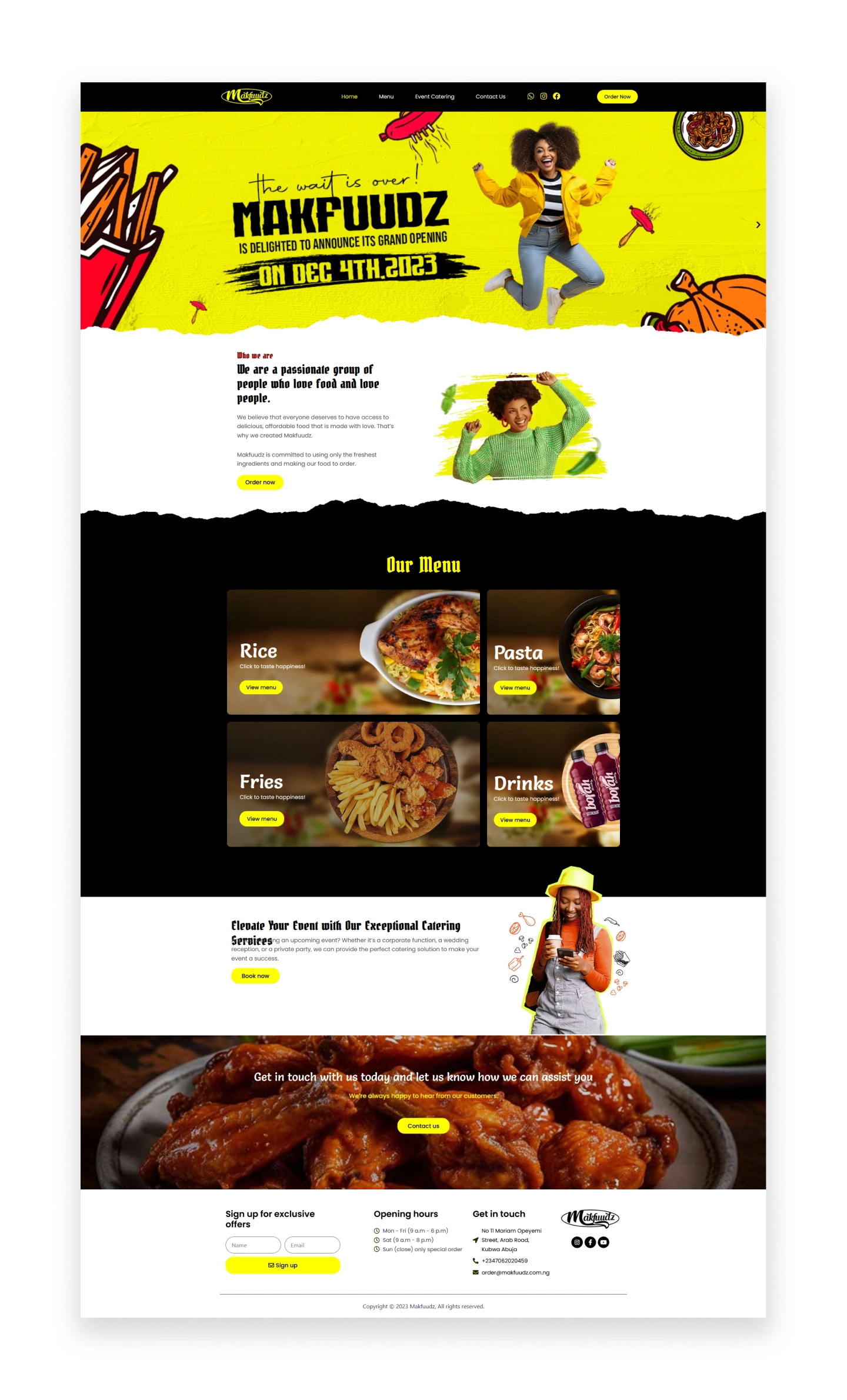 Food services website landing page of beautiful happy lady excited and floating chips chicken and spaghetti, designed by the creative media team