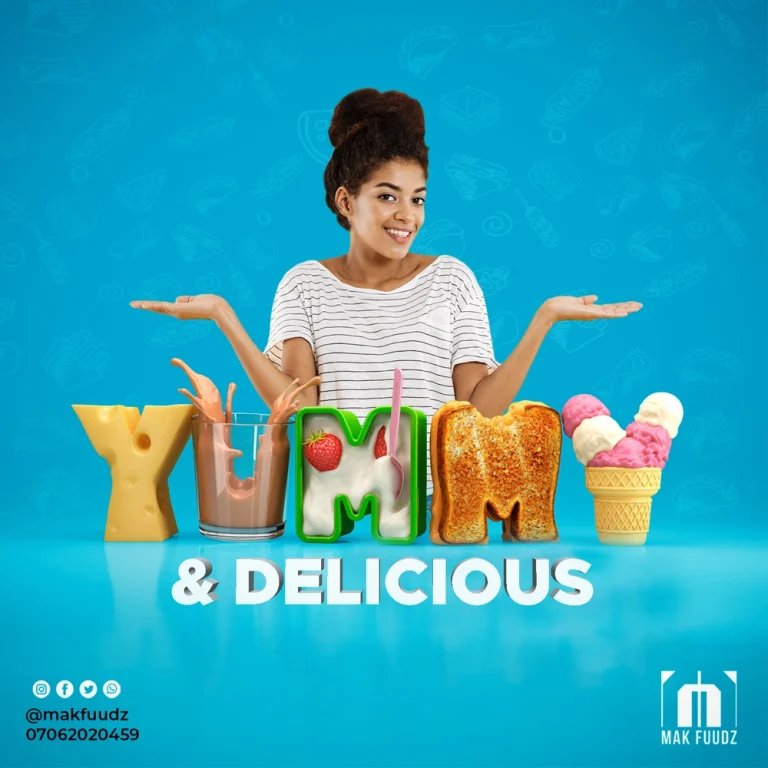 A Yummy and Delicious social media design by the creative media agency of a beautiful lady smiling at the yummy bread, chocolate drink and ice-cream