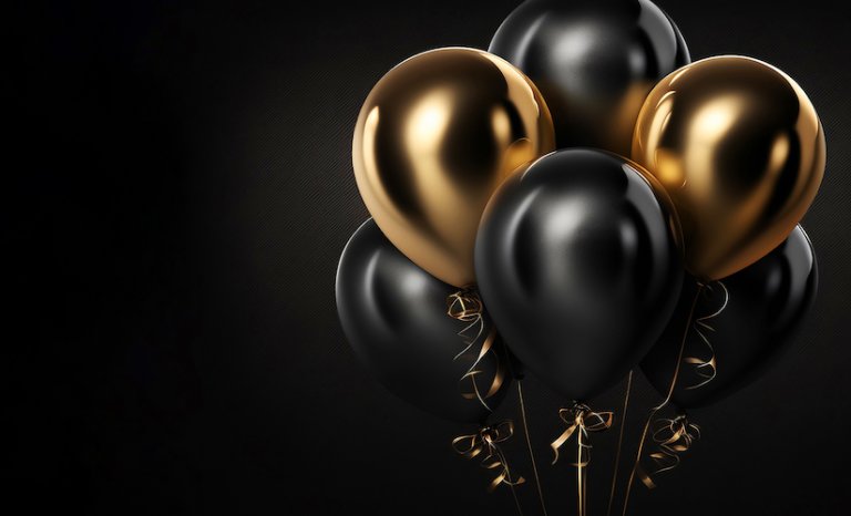 Happy birthday with realistic balloons on a black background for an anniversary cover of the creative media