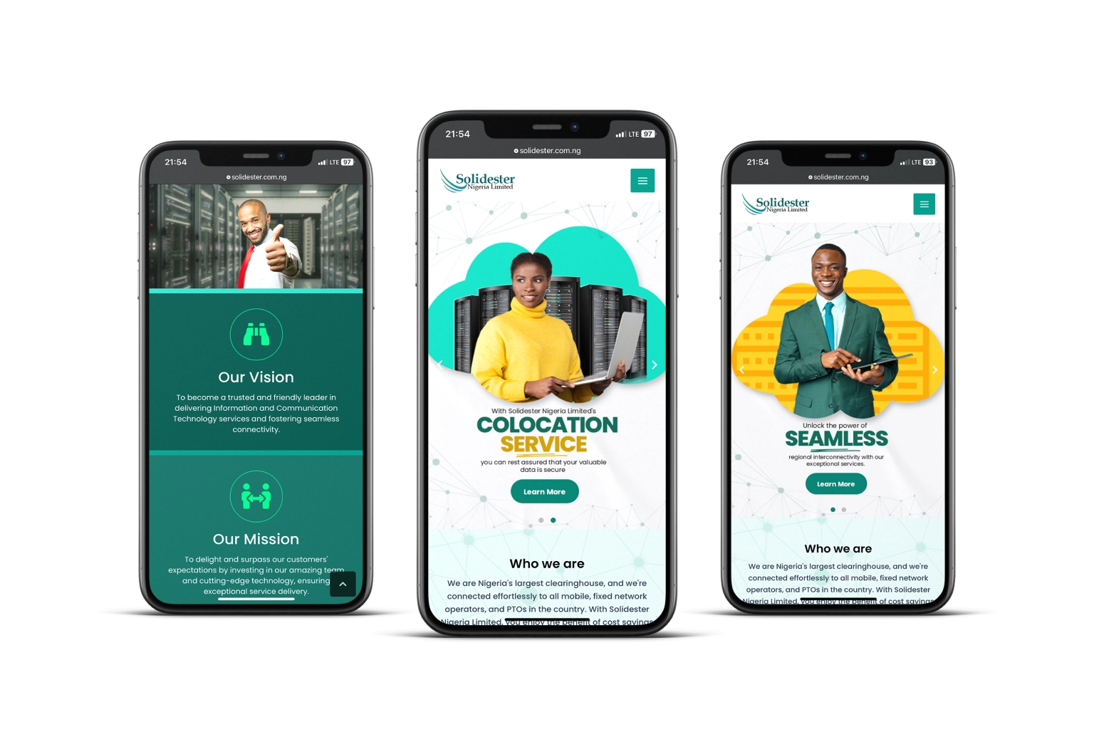 Smartphone mockups displaying website content of a website designed by iTemi Media digital agency. Featuring "our vision," "colocation service," and "seamless" service pages, each with the images of a confident professional individuals.