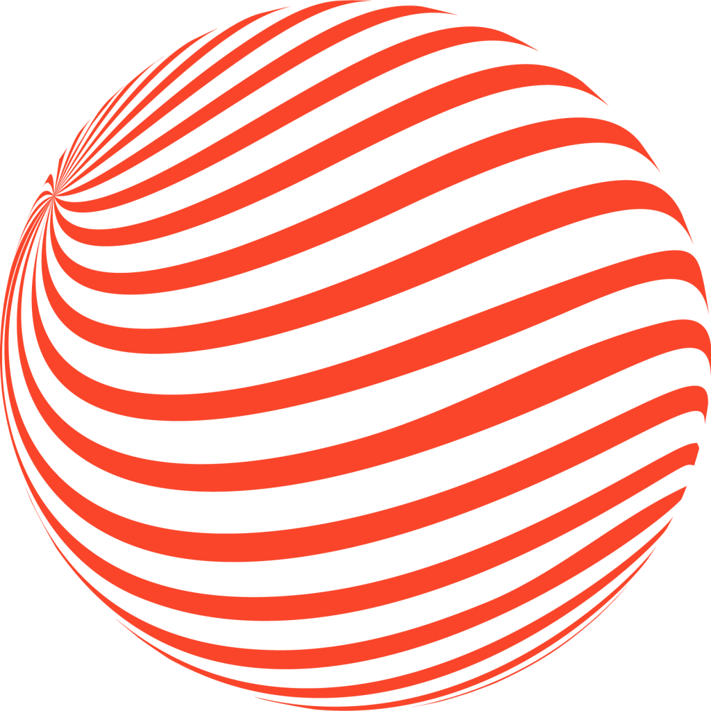 a red and white striped orb overlay with the creative media around it