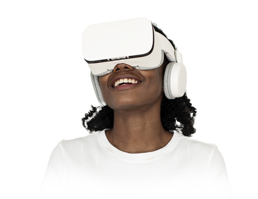 A happy lady in virtual reality in a virtual white world of the creative media