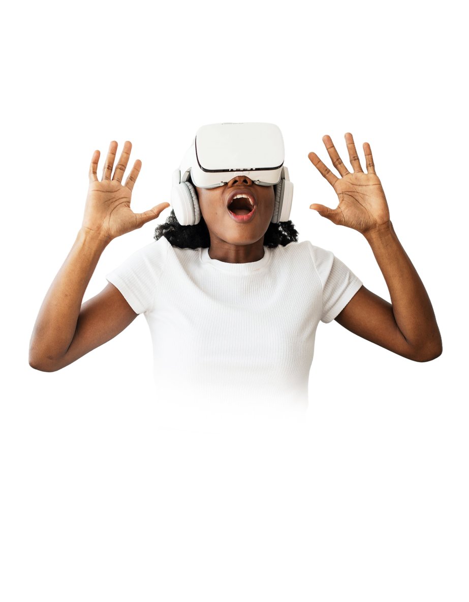 A woman wearing a VR headset, amazed by an authentic visual experience crafted by our creative agency.