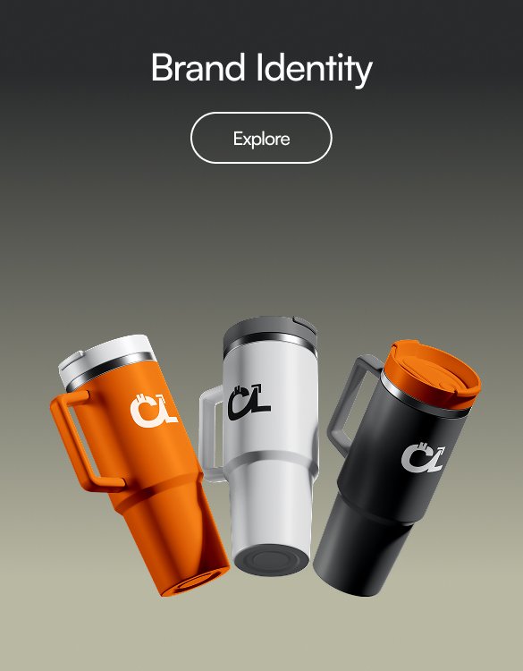 Three travel mugs in orange, white, and black with custom logos, showcasing our brand identity design services.