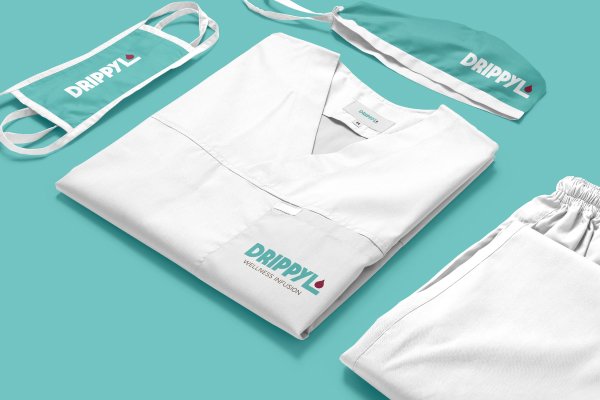 Creative agency brand design for a medical brand, a clothing set with Drippyl logo and Wellness in Fashion tagline.