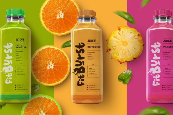 FitBurst juice bottles showcasing booster, refresher, and pineberry flavors against a colorful background with fruit slices designed by our creative agency