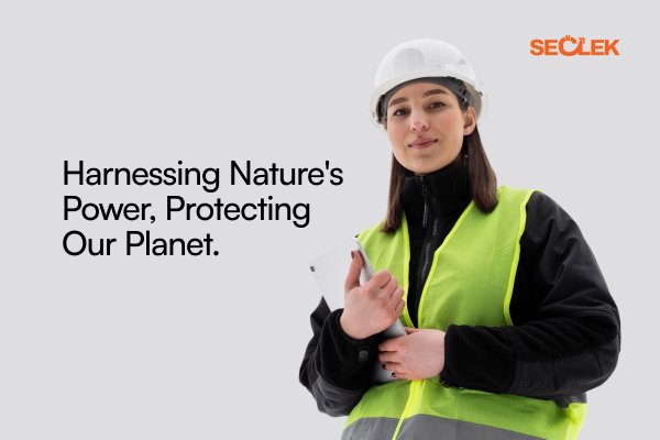 A woman in a hard hat and safety vest holding a tablet, with the text 'Harnessing Nature's Power, Protecting Our Planet' and the SECLEK logo.