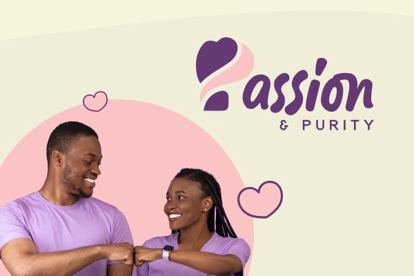 A man and woman in matching purple shirts bump fists, surrounded by hearts and the "Passion & Purity" logo, embodying the creative energy of a creative agency.