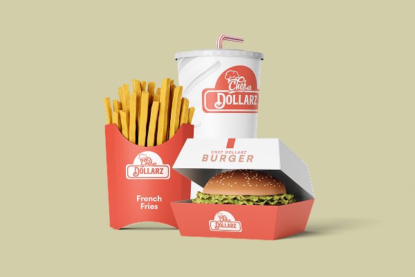 A fast food meal with a burger, fries, and a drink, all branded with the Dollarz logo, designed by our creative agency