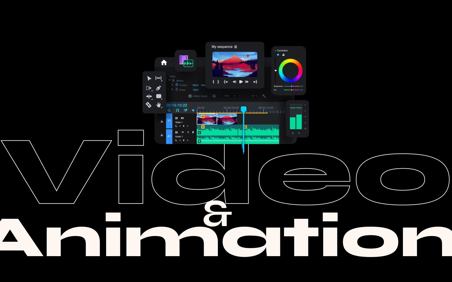 "Video & Animation": a stylized video editing software interface, representing the technical skill and creative process behind our video production and motion graphics.